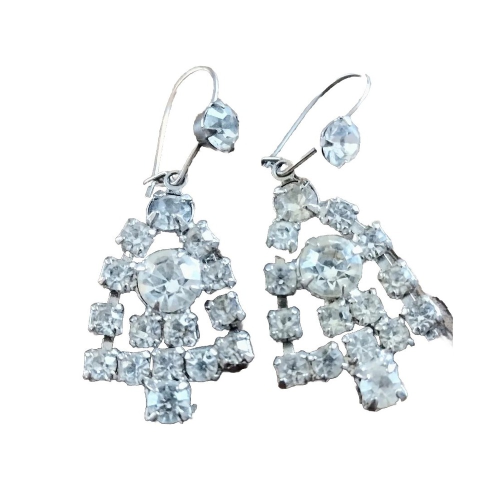 VTG 1970s Prong Set Rhinestone Dangling Tree Earrings W/Wire Hooks EUC